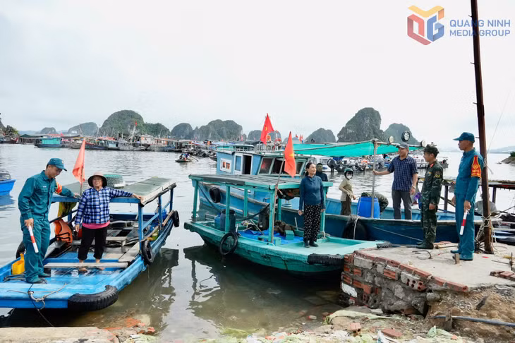 Tổ tuyên truyền phòng, chống thiên tai, Ban CHQS đặc khu Vân Đồn tuyên truyền, vận động bà con ngư dân trước khi vùng áp thấp nhiệt đới mạnh lên thành cơn bão số 1 đổ bộ đất liền. Ảnh: Trúc Linh