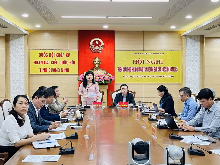 Đồng chí Nguyễn Thị Thu Hà, Phó Trưởng Đoàn ĐBQH tỉnh Quảng Ninh phát biểu tham luận qua hệ thống trực tuyến.
