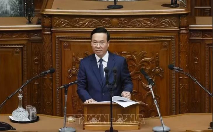 Chủ tịch nước Võ Văn Thưởng phát biểu trước Quốc hội Nhật Bản. (Ảnh: TTXVN)
