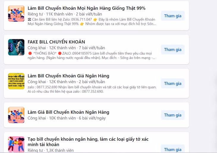 Các hội nhóm nhận làm giả hóa đơn chuyển khoản ngân hàng trên mạng xã hội Facebook. Ảnh chụp màn hình