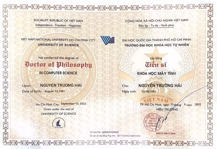 Trường đại học Khoa học tự nhiên (Đại học Quốc gia TP.HCM) xác nhận cái gọi là bằng tiến sĩ của ông Nguyễn Trường Hải là bằng giả