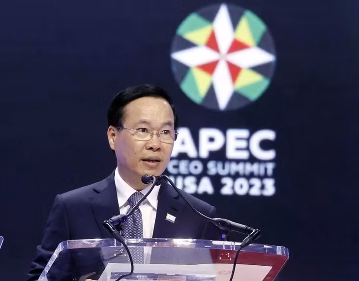 Chủ tịch nước Võ Văn Thưởng phát biểu tại Hội nghị Thượng đỉnh Doanh nghiệp APEC. (Ảnh: Thống NhấtTTXVN)