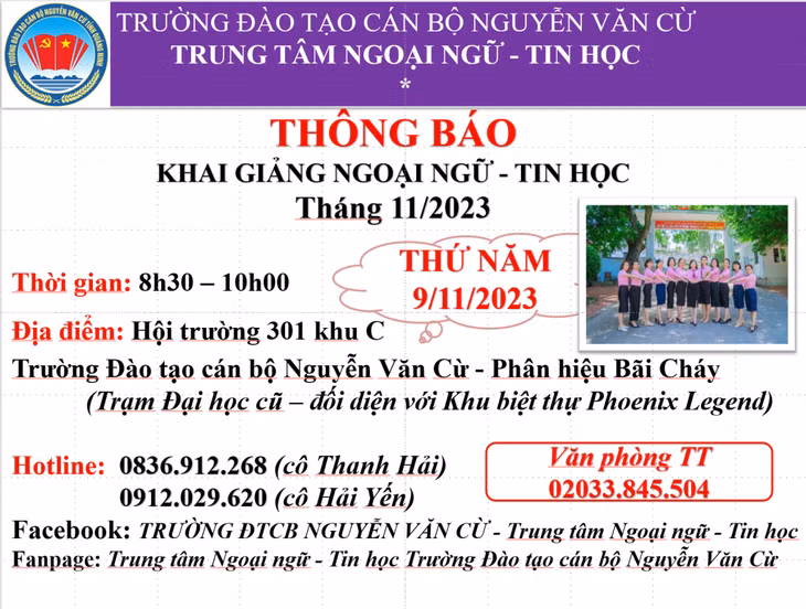 Trường Đào tạo cán bộ Nguyễn Văn Cừ - Trung tâm Ngoại ngữ - Tin học thông báo tuyển sinh tháng 11 ảnh 1
