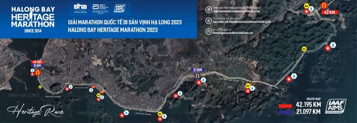 Sơ đồ đường chạy Halong Bay Heritage Marathon 2023, cự ly 42,195km và 21km. Ảnh: Ban tổ chức Giải cung cấp