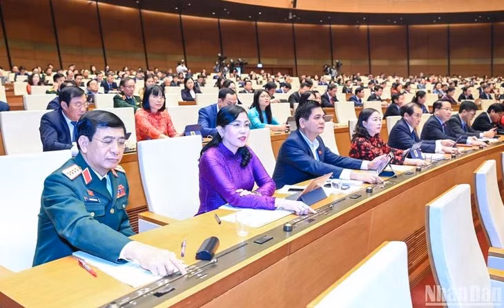 Các đại biểu Quốc hội biểu quyết thông qua Nghị quyết về việc áp dụng thuế thu nhập doanh nghiệp bổ sung theo quy định chống xói mòn cơ sở thuế toàn cầu. (Ảnh: DUY LINH)