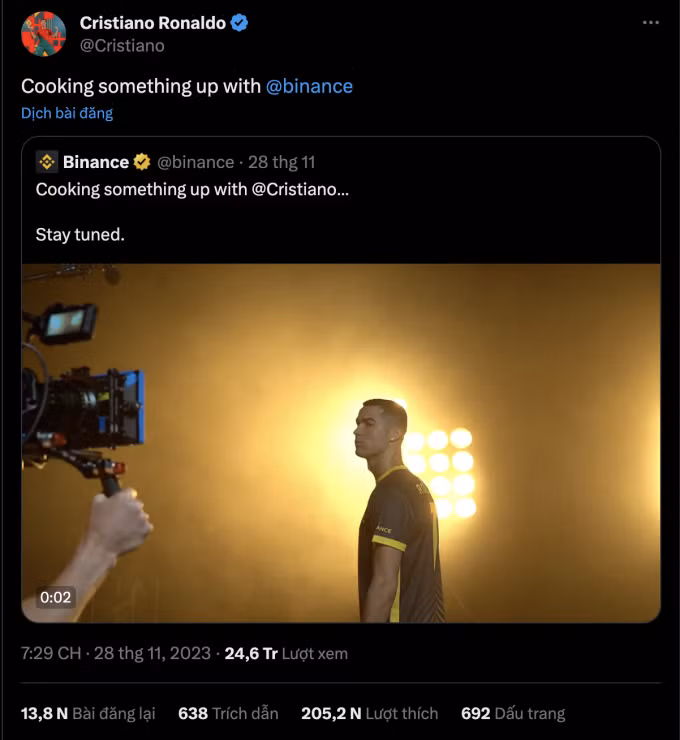 Cristiano Ronaldo và Binance chia sẻ một video hậu trường, đăng trên X hôm 28/11. Ảnh chụp màn hình
