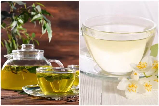 Trà xanh và trà trắng giúp đốt mỡ bụng và giảm cân hiệu quả. Đồ họa: Thanh Thanh