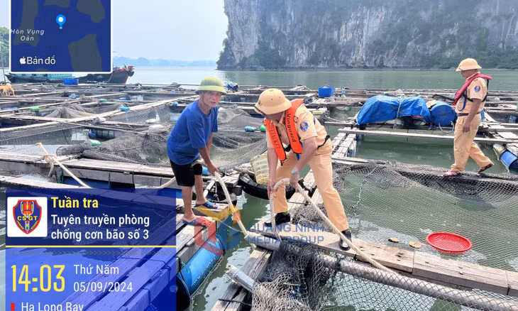Công an TP Hạ Long hỗ trợ các hộ NTTS trên biển gia cố lồng bè. Ảnh: Thành Công