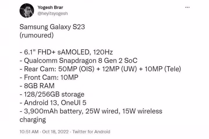 Rò rỉ thông số kỹ thuật của Samsung Galaxy S23 mới - 1