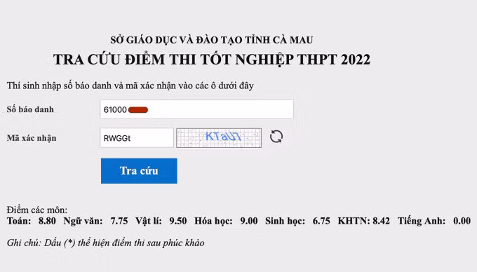 Kết quả các môn thi tốt nghiệp THPT năm 2022 của nam sinh Cà Mau. Ảnh: An Minh