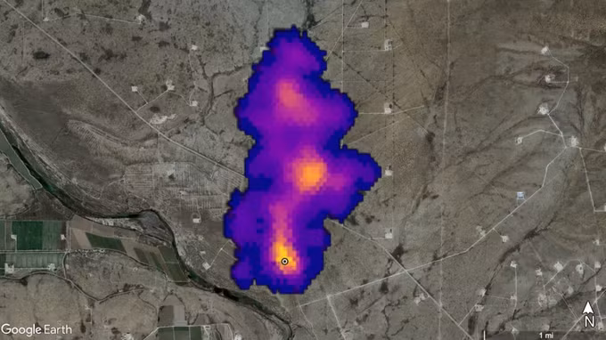 Một chùm khí metan dài 3,2 km được công cụ bên ngoài Trái Đất của NASA phát hiện ở phía đông nam Carlsbad, New Mexico (Ảnh: NASA).