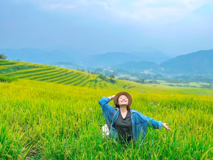 Mùi lúa chín phảng phất đưa hương, du khách hít thở bầu không khí trong lành này sẽ cảm nhận được sự no ấm, bình yên, tâm hồn thư thái khiến quên đi mọi ưu phiền để hòa mình vào thiên nhiên.