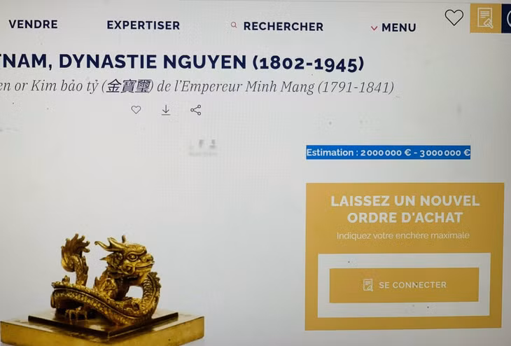 Ấn vàng triều Nguyễn đang được đấu giá với giá khởi điểm từ 2-3 triệu Euro. Ảnh H.V. M chụp từ trang MILLON