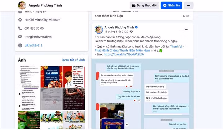 Một bài đăng tuyên truyền dùng giun đất chữa COVID-19 trên trang cá nhân của Angela Phương Trinh.