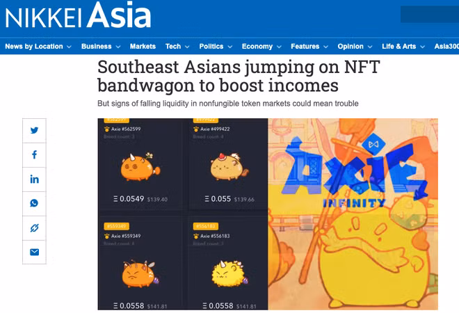 Trang Nikkei Asia có bài viết về trào lưu tăng thu nhập từ game NFT tại Đông Nam Á nhưng cũng không quên cảnh báo những rủi ro xung quanh tính thanh khoản.