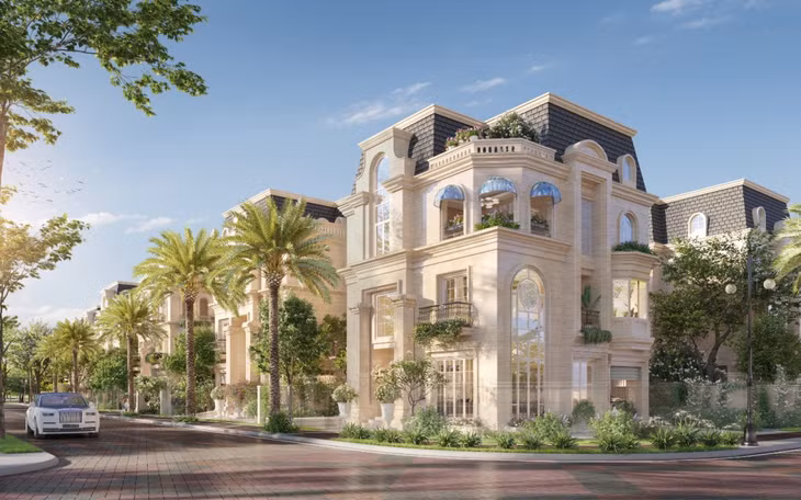 Mặt ngoài các căn dinh thự được ốp đá Moca Limestone.