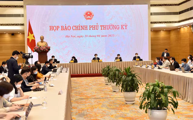 Buổi họp báo Chính phủ thường kỳ tháng 1/2022 diễn ra ngày 28/1 tại Hà Nội, ngày làm việc cuối cùng trước kỳ nghỉ Tết Nguyên đán Nhâm Dần - Ảnh: VGP/Đức Tuân