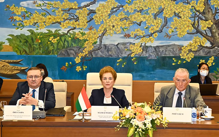 Phó Chủ tịch thứ nhất Quốc hội Hungary Márta Mátrai phát biểu tại buổi hội đàm. Ảnh: Duy Linh