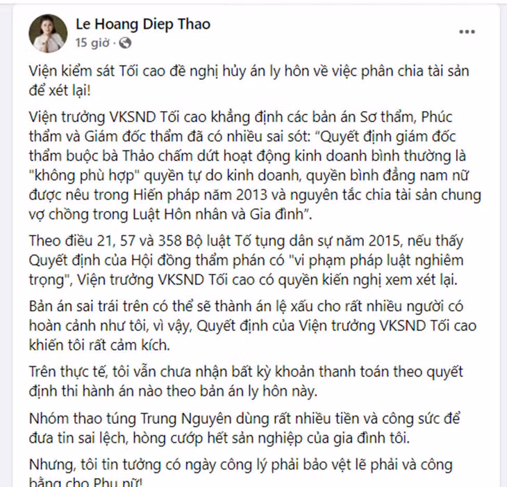 Bà Lê Hoàng Diệp Thảo chia sẻ trên trang cá nhân. (Ảnh: FBNV)