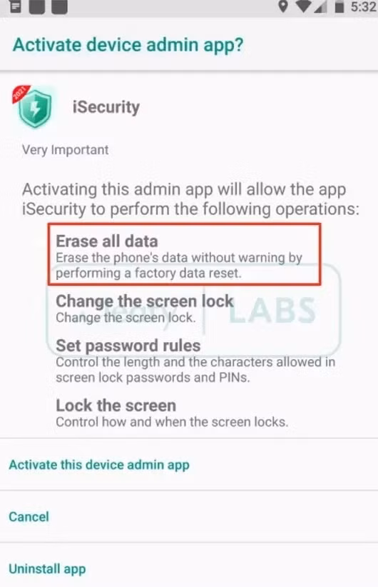 BRATA yêu cầu quyền reset điện thoại.