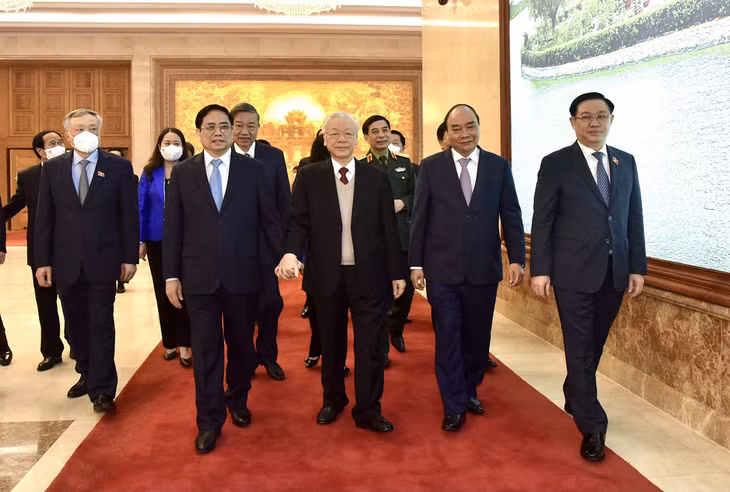 Tổng Bí thư Nguyễn Phú Trọng và các đồng chí Lãnh đạo Đảng, Nhà nước cùng dự Hội nghị.