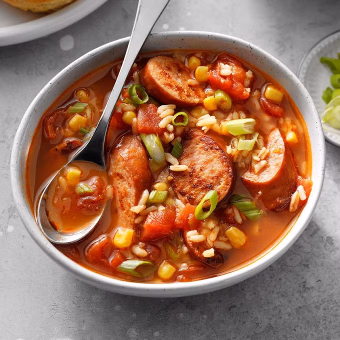 Gumbo, Mỹ Món súp thịnh soạn này được ví như một ngôi sao trong ẩm thực của bang Louisiana, và chịu ảnh hưởng của ẩm thực Tây Phi, người Mỹ bản địa Tây Ban Nha, Đức và Pháp. Các thành phần chính của món ăn gồm thịt gà, xúc xích, hải sản và được hầm trong nước dùng ngọt lịm. Ảnh: Taste of Home