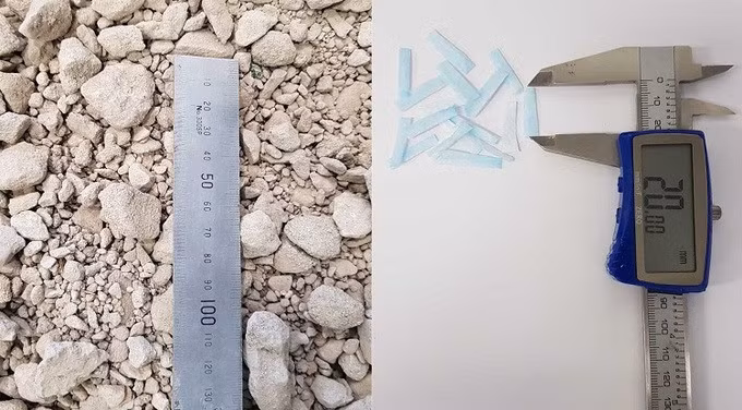 Cốt bê tông tái chế (trái) và vụn khẩu trang được phối trộn để tái chế. Ảnh: RMIT.