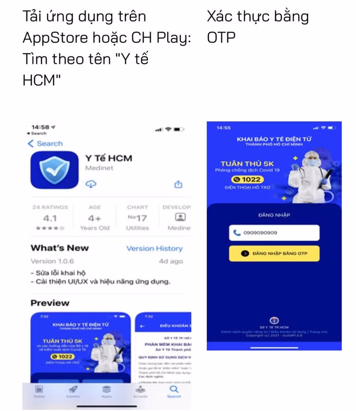Giao diện của ứng dụng "Y tế HCM". Ảnh chụp màn hình