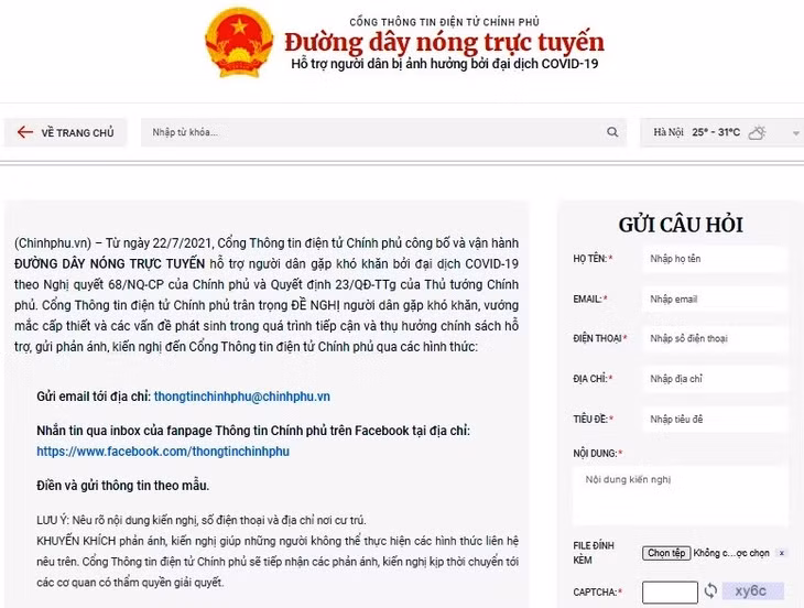 Giao diện hỗ trợ trực tuyến người dân gặp khó khăn do đại dịch COVID-19.
