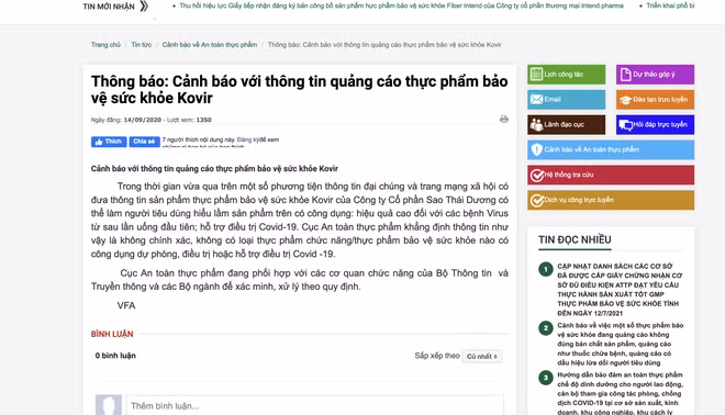 Thông báo của Cục An toàn thực phẩm về thông tin sản phẩm Kovir hỗ trợ điều trị Covid-19.