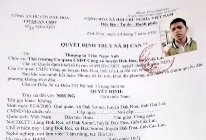 Quyết định truy nã đối tượng Nhung. Quyết định truy nã đối tượng Nhung.