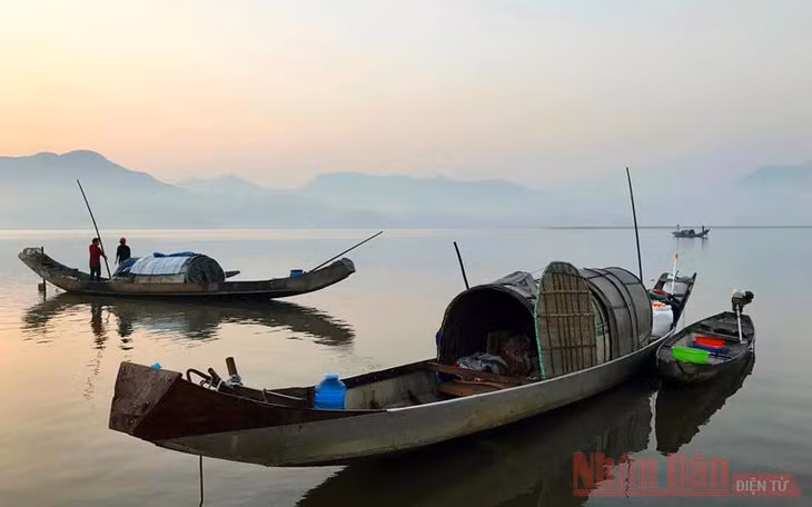 Khoảng 4giờ 30phút hôm sau, chúng tôi thức dậy và được anh Ty dùng xuồng máy đưa đi dạo quanh vùng đầm phá. Tờ mờ sáng, dù là mùa hè nhưng sương mù vẫn bảng lảng trên mặt nước, thấp thoáng bóng thuyền, phía xa là những dãy núi nhấp nhô, trông như bức tranh thủy mặc. Mặt trời còn chưa mọc, những con thuyền đã tấp nập hoạt động.