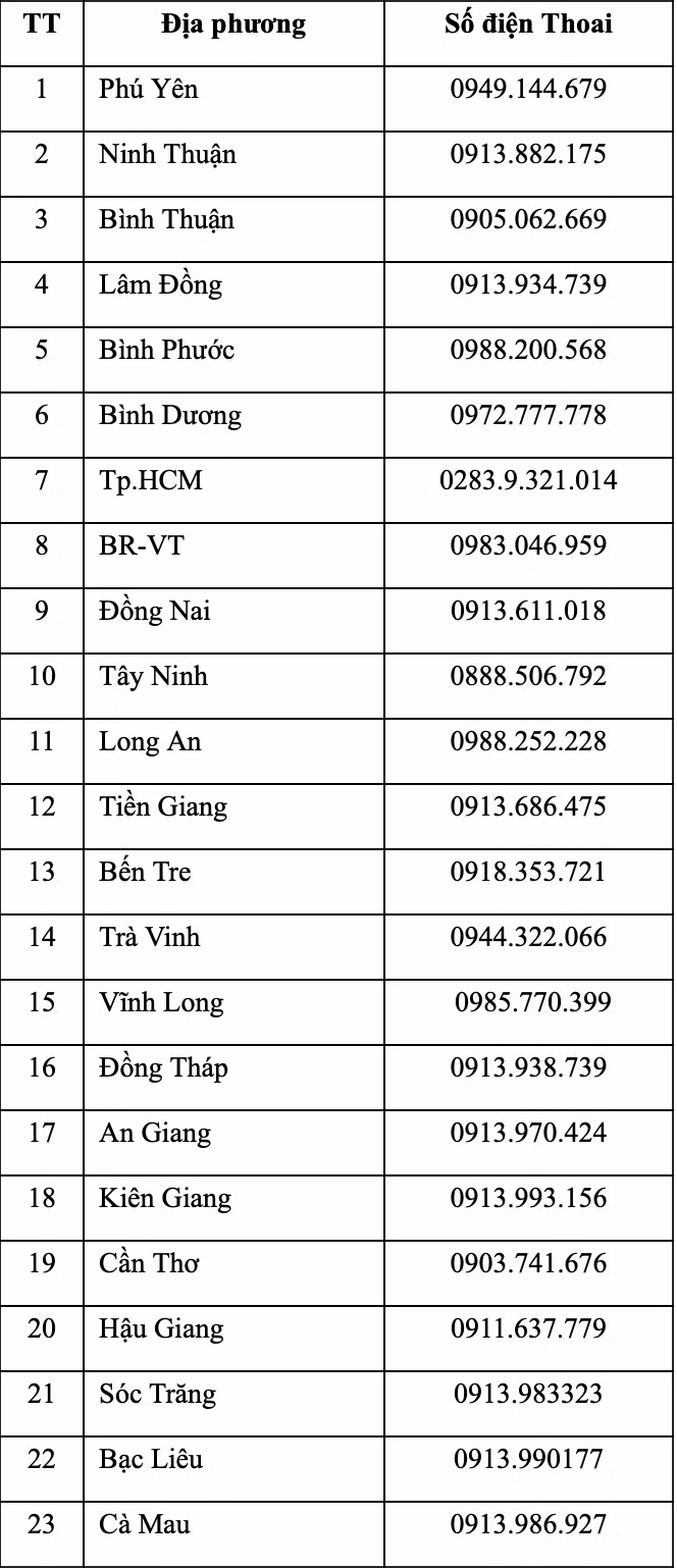 23 số Hotline tiếp nhận tố giác hành vi lợi dụng dịch bệnh để thu lợi bất chính tại các tỉnh, thành phố khu vực phía Nam.