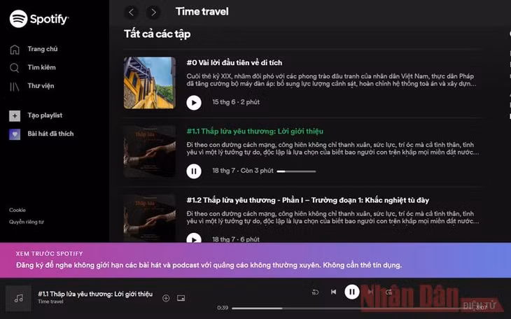 Triển lãm "Thắp lửa yêu thương" bằng hình thức phát thanh miễn phí trên nền tảng Spotify (Ảnh: Chụp màn hình)