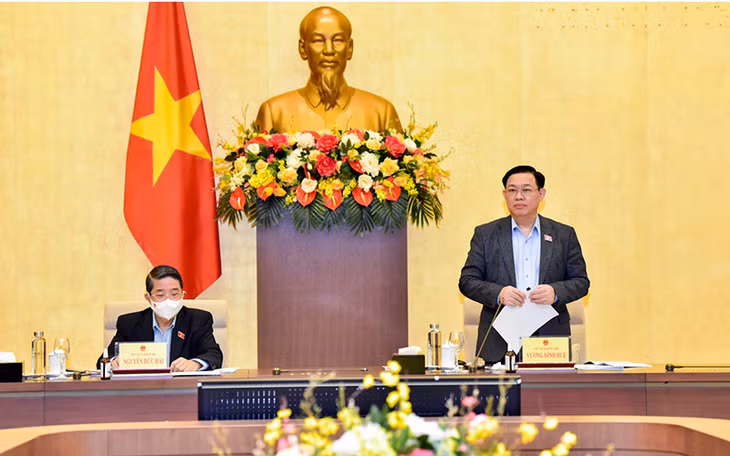 Chủ tịch Quốc hội Vương Đình Huệ phát biểu tại buổi làm việc. (Ảnh: Duy Linh)