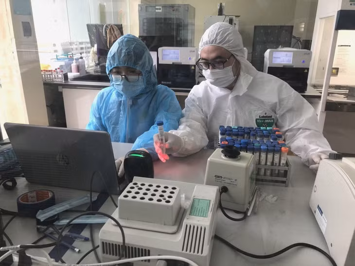 Kỹ thuật viên Khoa Vi sinh, CDC Quảng Ninh, thực hiện mã hóa mẫu trên hệ thống đăng ký, nhận kết quả và quản lý mẫu xét nghiệm Covid-19 trực tuyến để đưa vào máy xét nghiệm PCR.