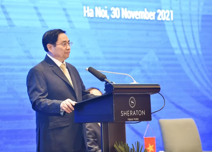 Thủ tướng Chính phủ Phạm Minh Chính có bài phát biểu quan trọng tại Diễn đàn cấp cao của ASEAN về hợp tác tiểu vùng vì tăng trưởng bao trùm và phát triển bền vững. Ảnh: VGP/Nhật Bắc