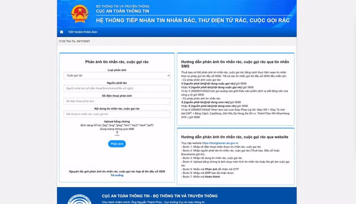 Cổng thông tin dẫn đến trang web giúp người dùng phản ánh tin nhắn, cuộc gọi rác.