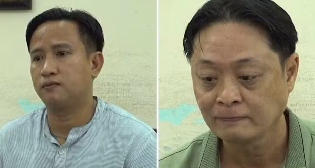 Nguyễn Ngọc Hòa và Nguyễn Minh Thạch tại cơ quan công an. Ảnh: Công an