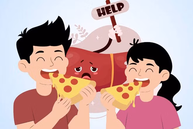 Ăn nhanh không chỉ hại dạ dày mà còn ảnh hưởng đến gan. Đồ họa: Thiện Nhân
