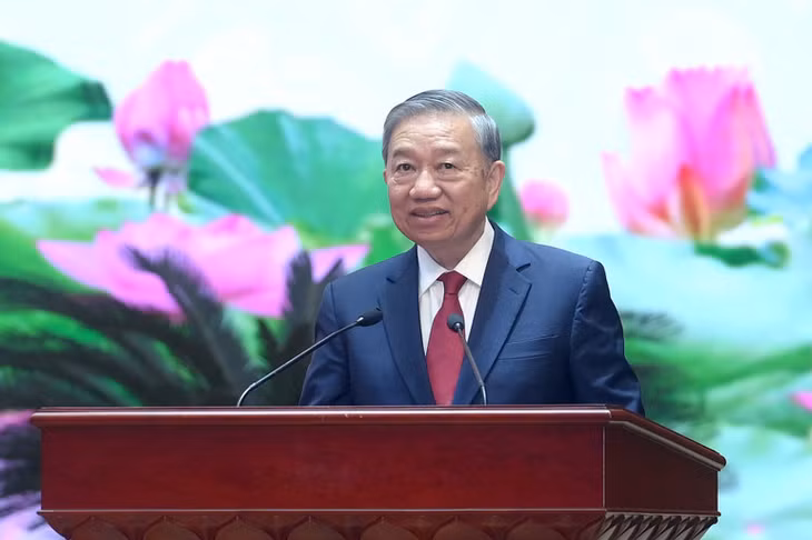 Tổng Bí thư Tô Lâm phát biểu tại cuộc gặp mặt đại biểu tướng lĩnh quân đội nghỉ hưu, nghỉ công tác. (Ảnh: ĐĂNG KHOA)