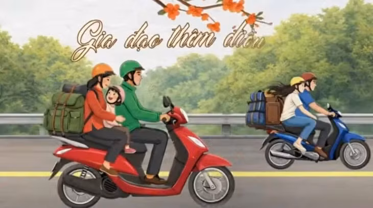 Hình ảnh những người con chạy xe máy về quê ăn Tết cùng gia đình thật thân thương, ấm áp trong MV Xuân vui đất Việt - Ảnh chụp từ MV