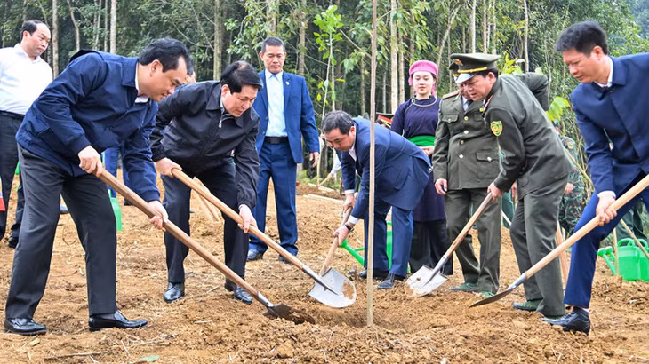Chủ tịch nước Lương Cường và các đại biểu trồng cây tại khu vực thực hiện dự án Công viên văn hóa Lào Cai thuộc phường Cam Đường. (Ảnh: THỦY NGUYÊN)