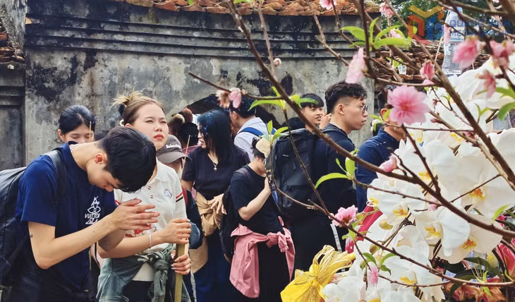 ... và những bức tường, những mái ngói rêu phong thấp thoáng dưới tán đào xuân đã đem đến cho người dân, du khách tâm trạng bình an, thư thái trên hành trình về với chốn non thiêng.