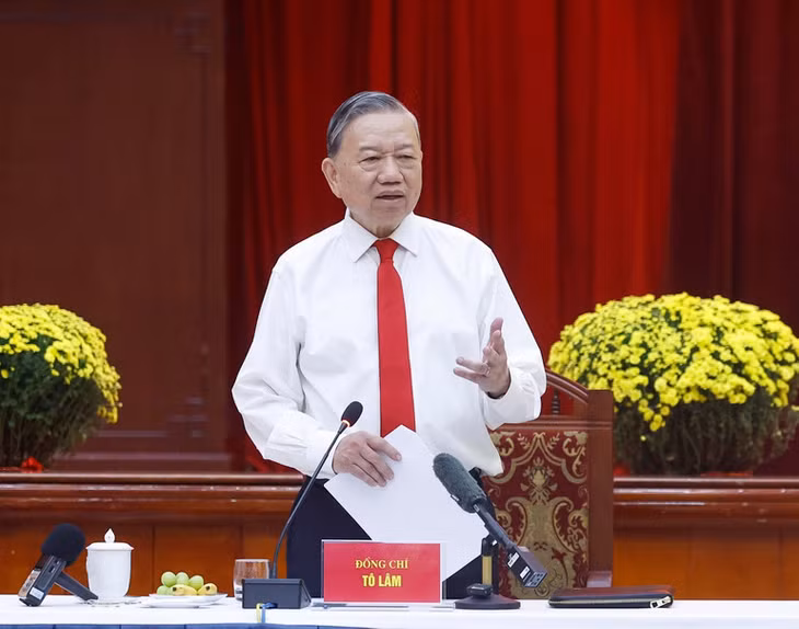 Tổng Bí thư Tô Lâm phát biểu tại buổi gặp mặt các đồng chí nguyên Uỷ viên Trung ương Đảng khu vực phía Nam nhân dịp đón Xuân Bính Ngọ 2026. Ảnh: Thống Nhất – TTXVN