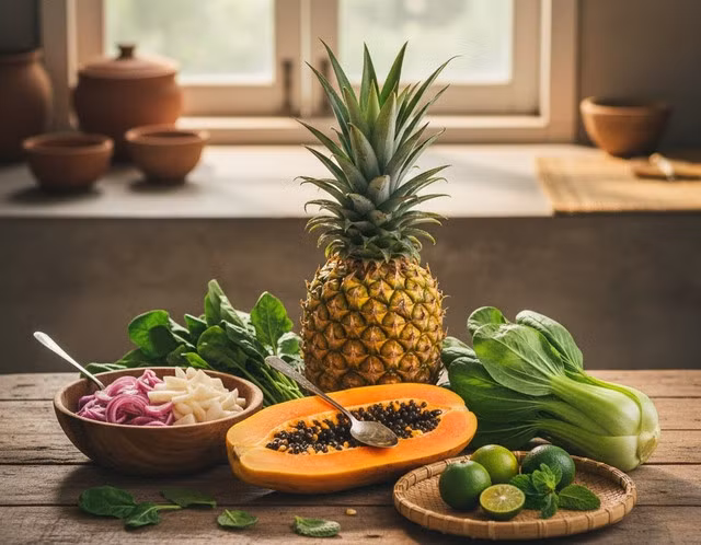 Dứa chứa bromelain và đu đủ chứa papain - hai loại enzyme tự nhiên giúp phân hủy protein cực kỳ hiệu quả. Ăn một vài miếng dứa sau bữa cơm tất niên giàu đạm là một cách khoa học để giảm đầy hơi.
