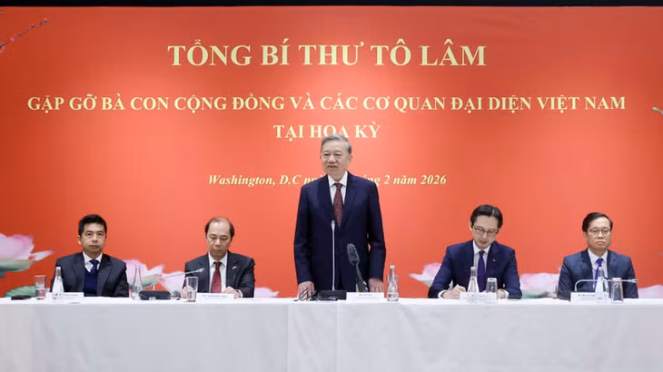 Tổng Bí thư Tô Lâm phát biểu tại buổi gặp gỡ bà con cộng đồng và các cơ quan đại diện Việt Nam tại Hoa Kỳ. (Ảnh: Thống Nhất/TTXVN)