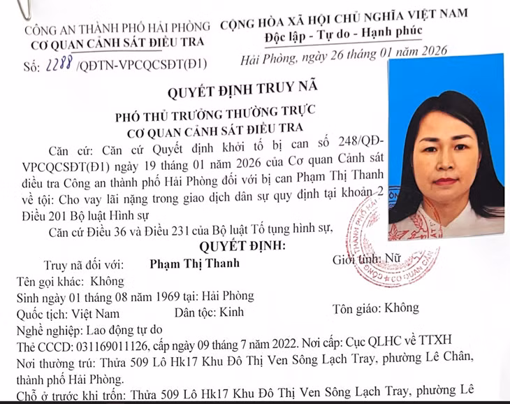 Quyết định truy nã bị can đối với Phạm Thị Thanh - Ảnh: Công an Hải Phòng