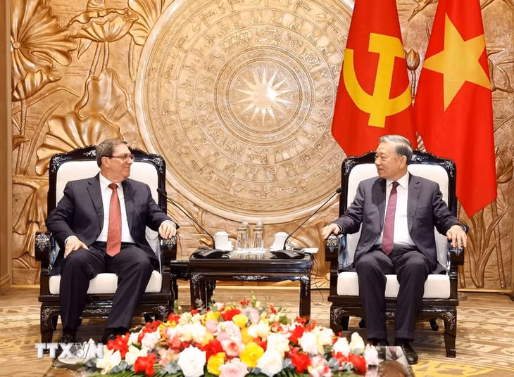 Tổng Bí thư Tô Lâm tiếp thân mật đồng chí Bruno Rodríguez Parrilla, Đặc phái viên Đảng Cộng sản Cuba, Nhà nước Cộng hòa Cuba, Ủy viên Bộ Chính trị, Bộ trưởng Ngoại giao Cuba. (Ảnh: Thống Nhất/TTXVN)