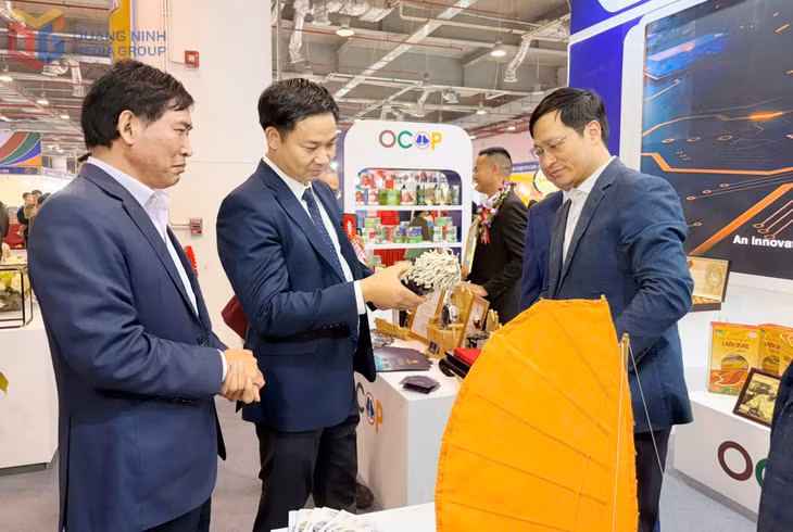Các đại biểu tham quan khu vực trưng bày triển lãm thành tựu kinh tế - xã hội của tỉnh.